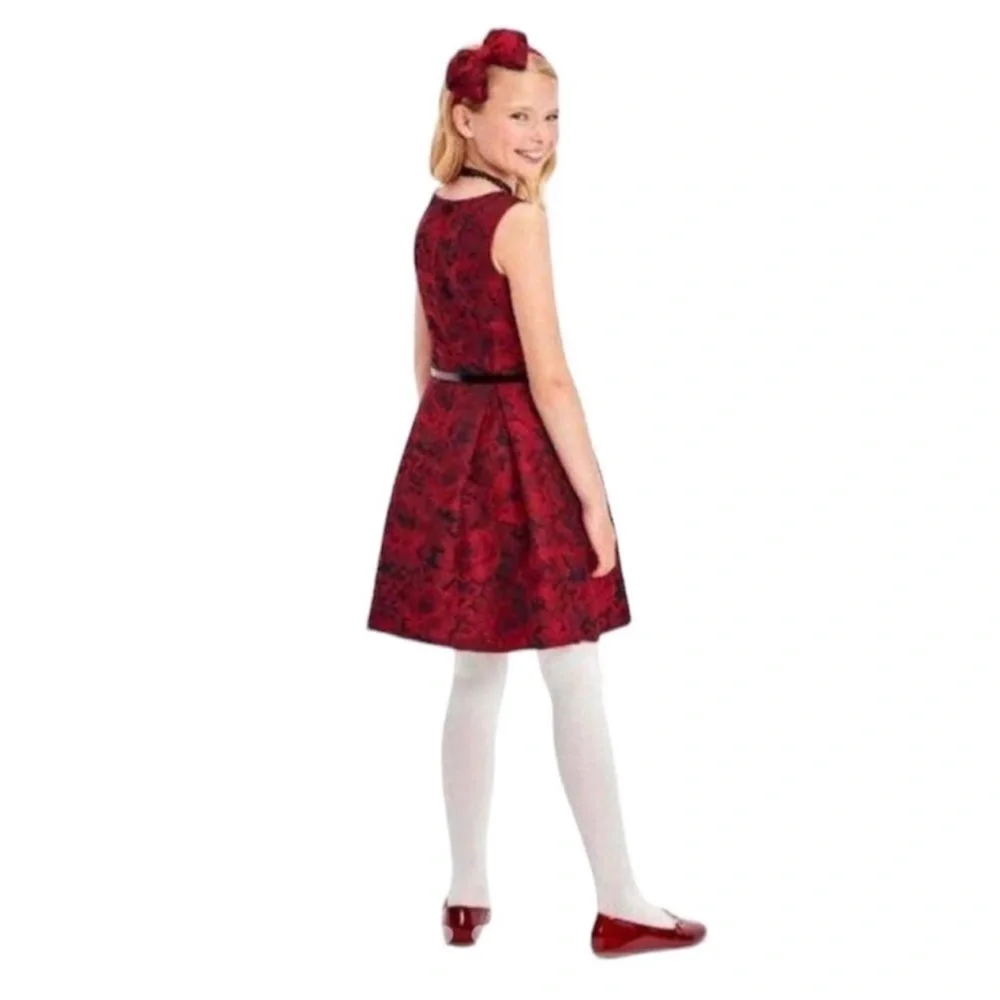 The Children’s Place Dress Red Floral Jacquard Belted Girls Size 10
